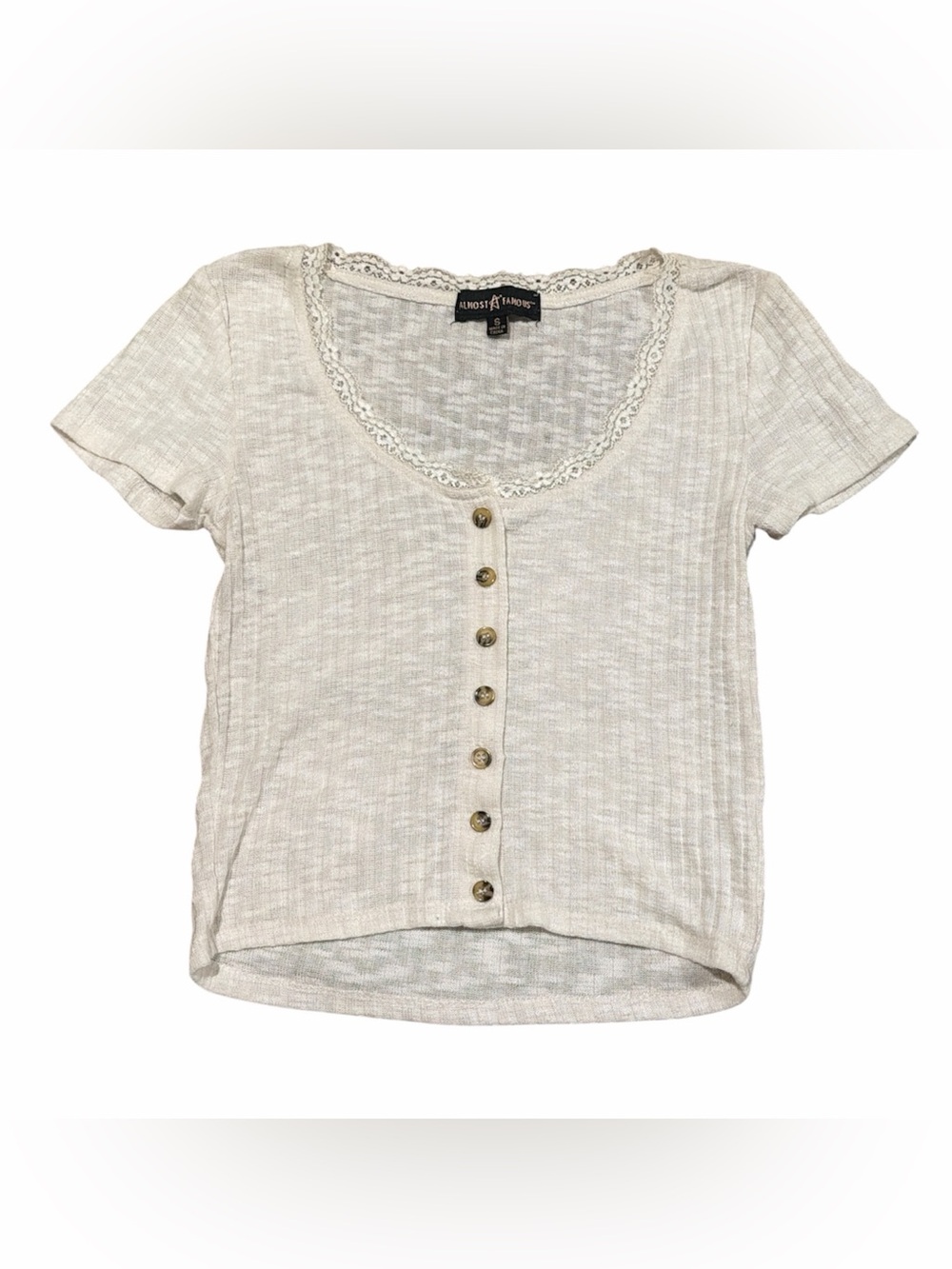 Almost Famous Light Cream Short Sleeve Button Front Lace Trim Top